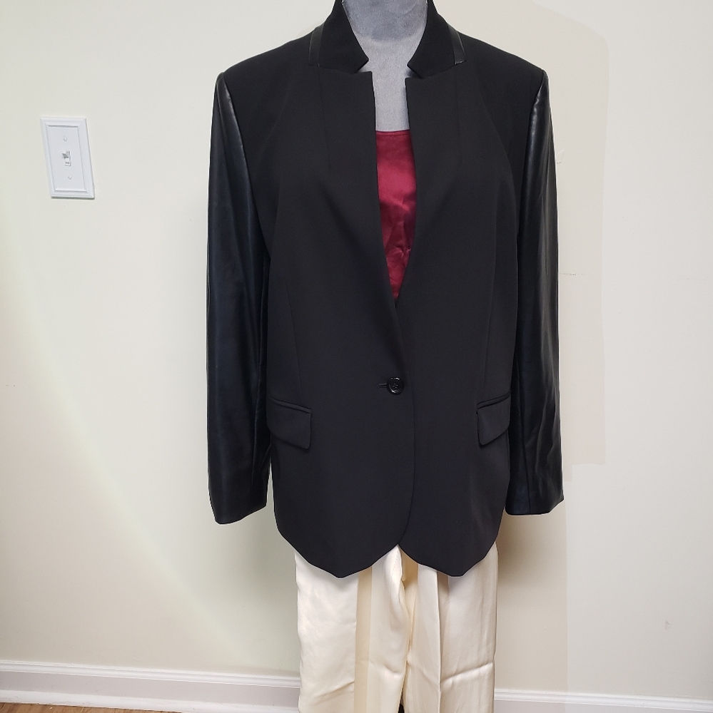 DKNY Black Blazer with Faux Leather Sleeves and Collar